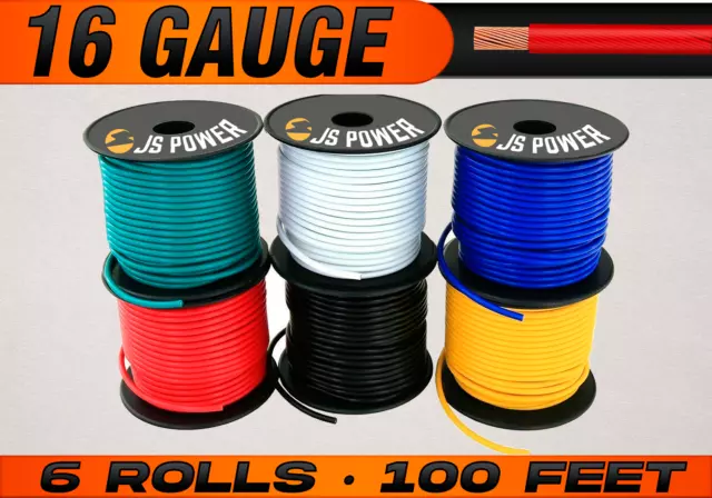 16 Gauge 12v Automotive Primary Wire Remote Cable CCA - 6 Rolls - 100 Feet Each