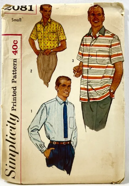 1957 Simplicity Sewing Pattern 2081 Mens Shirt 3 Styles Sz 14-14.5 Neck 13754