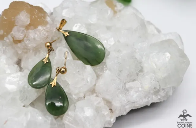 14k Yellow Gold Forest Green Jade Drop Pendant & Earrings Set