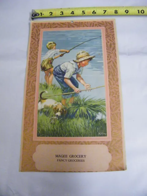 Vintage Cardboard Advertising Calendar From Magee Grocery Store Boys Fishing
