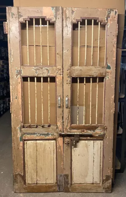 Pair of Original Antique Vintage Rustic Indian Doors - Wood & Metal Grills