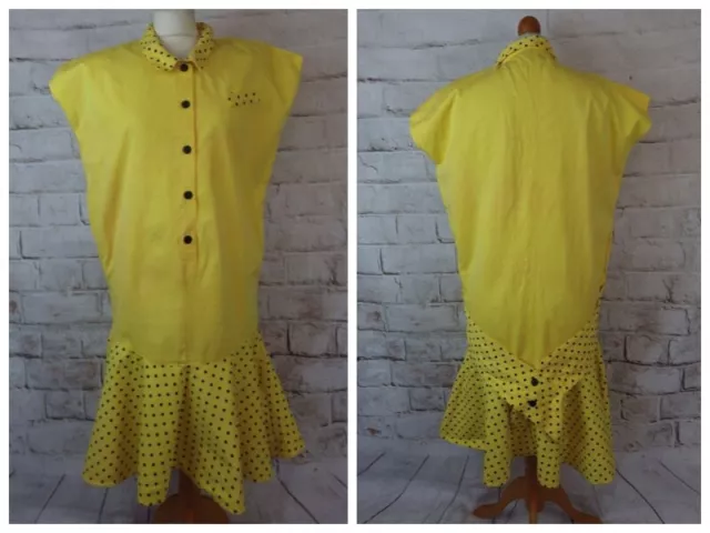 Robe d'été vintage jaune vif noir années 50 à pois sans manches rockabilly 14