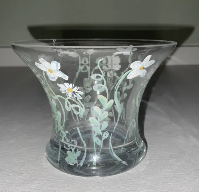 Hand Painted Daisies Flared Clear Glass Candle Holder/Vase-vintage-3x4 Inch