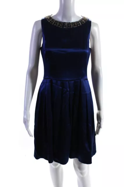 Shoshanna Womens Rhinestone Satin Sleeveless A Line Dress Blue Size 6