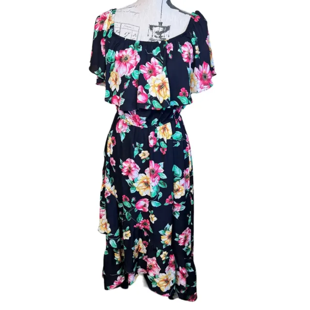 Soprano Womens Dress Black Floral Size L Maxi Off The Shoulder Short Sleeve