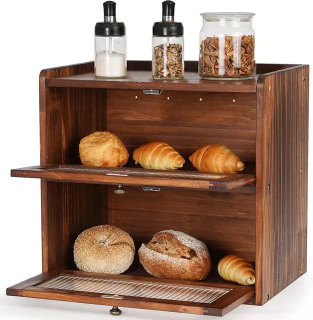 Bread Box for Kitchen Countertop Wooden Bread Storage Container Bin 2 Layer