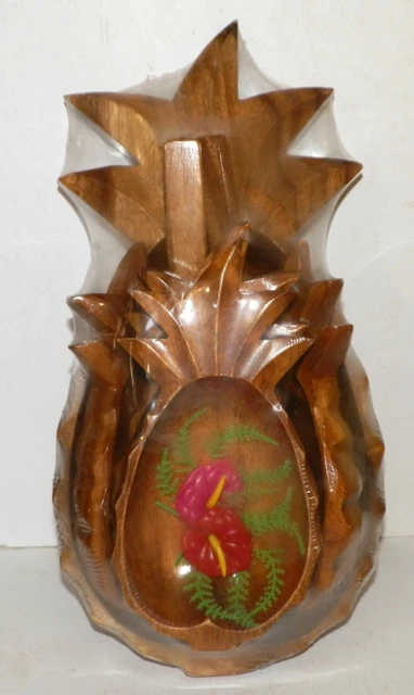 Hawaiian Tiki Set Pineapple Salad Bowls with Fork & Spoon Servers Wood