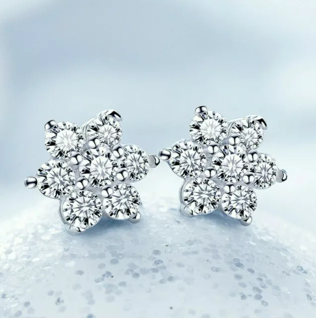 Crystal Snowflake Stone Stud Earrings 925 Sterling Silver Womens Jewellery Gift