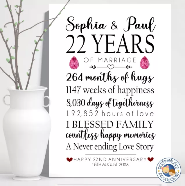 WEDDING ANNIVERSARY GIFT A4 personalised print 21st 22nd 23rd 24th 25th 30th