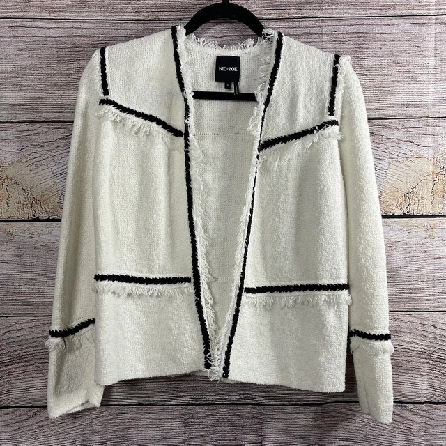 Nic+Zoe White and Black Open Front Fringe Trim Knit Jacket Womens Size Small