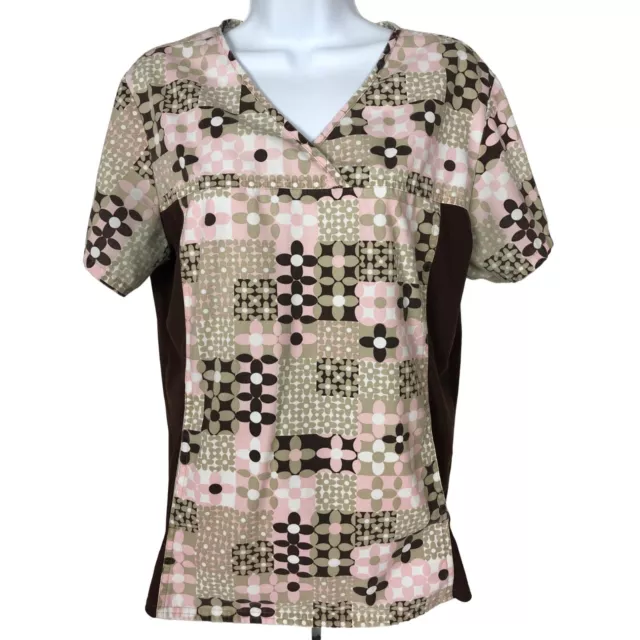 Cherokee Women's Scrub Top Size M Brown Pink White Floral V neck Pockets