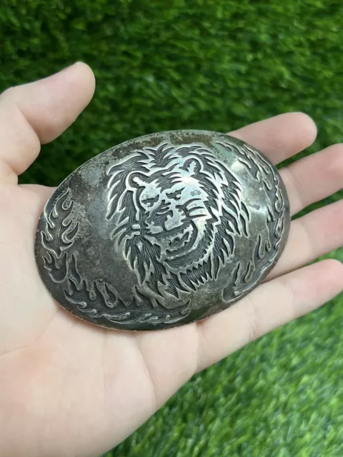 Vintage Sterling Silver Engraved Lion Head  Belt Buckle  Signed