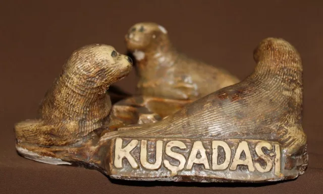 Turkish Kusadasi Hand Made Souvenir Sea Lions Plaster Ashtray