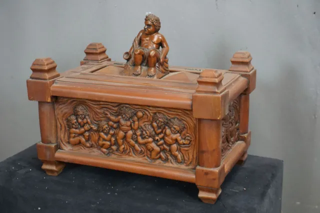 XL French vintage oak wood carved box putti cherub figural decors