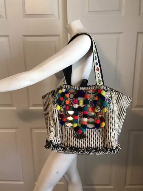 Antik Batik Multicolor Pom Pom Beaded Mirror Handbag Tote Beach Bag Large 2