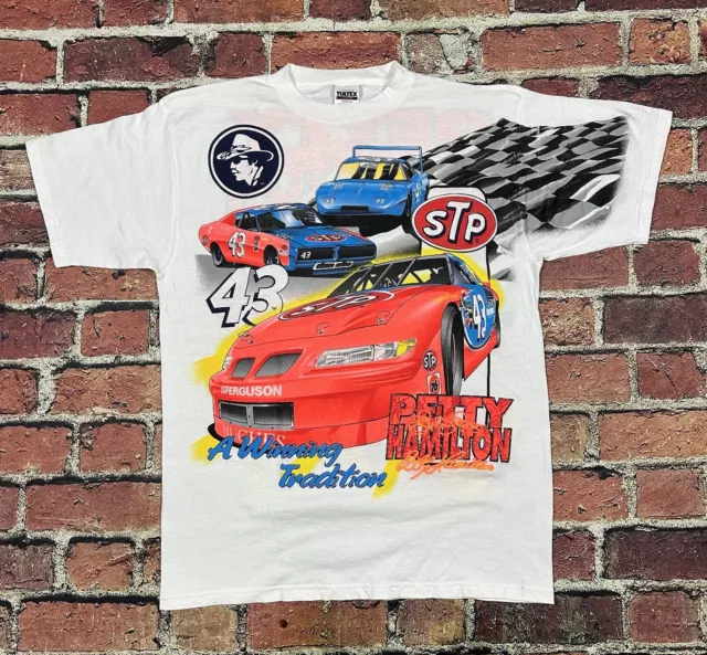 Vtg Richard Petty Bobby Hamilton STP #43 NASCAR Men’s XL All Over Print T-Shirt