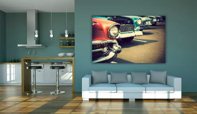 Classic Cars Retro 1950s America Chrome Framed Canvas Wall Art Picture Print 2