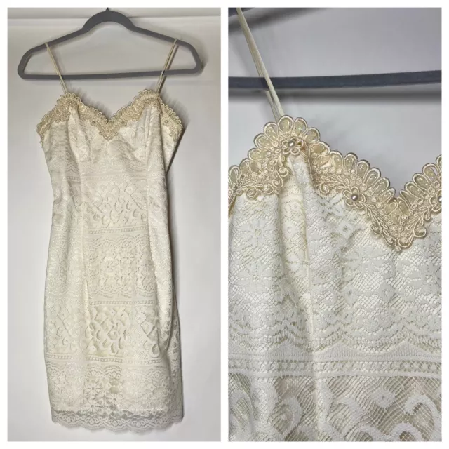 Vintage 90s Scarlett Nite 5/6 Small? Ivory Floral Lace Sequin Dress Wedding Prom