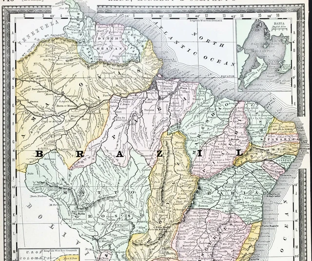 1898 Brazil Map Amazon Dutch Guayana Bahia Paraguay Railroads Original