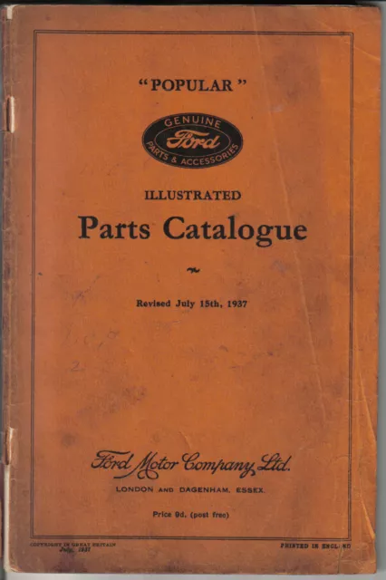 Ford 8 Eight Model Y Popular 1937 Original Illustrated Spare Parts List