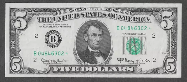 FR 1968-B* STAR $5 New York Series of 1963A Green Seal Federal Reserve Note