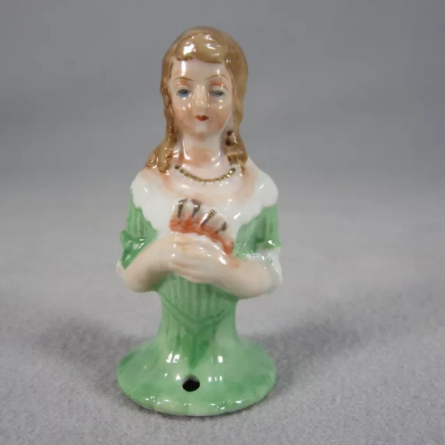 German Porcelain Pin Cushion Half Doll with Green Dress & Gold Necklace