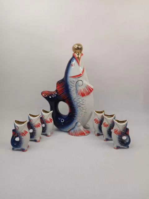 Soviet Porcelain Fish Decanter and 6 Shot Glasses white-blue Fish USSR Vintage