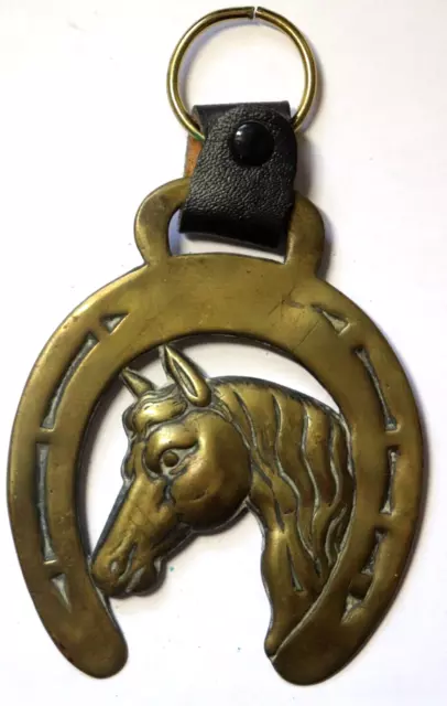 Vintage 5" Martingale Brass Leather HORSE HEAD HORSESHOE Hanging Medallion A9