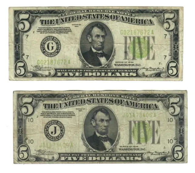 2 1934 $5 Federal Reserve Notes LGS Kansas City & Chicago Fine