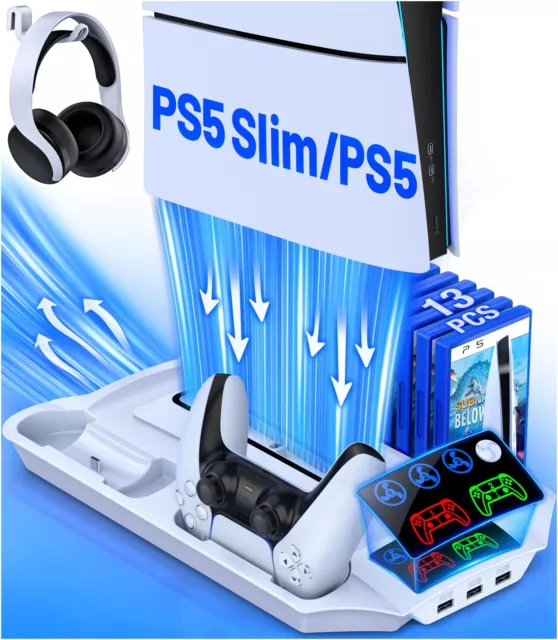 For PS5 Dualsense Controller Charging Station PS5 Slim Cooling Fan (White)