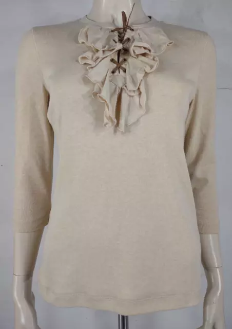 NWT Lauren Ralph Lauren beige tan 3/4 sleeve lace up ruffled blouse Medium