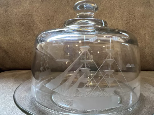 Vintage Etched Glass Dome &Plate Cheese Butter Dish Clipper Tall Ship  Nautical