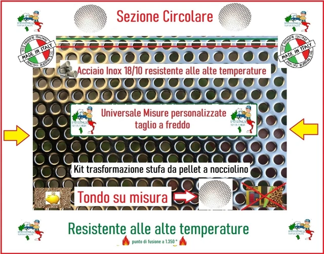 Lamiera forata in acciaio inox tonda trasformazione stufe a pellet. nocciolino.
