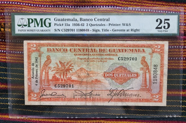 RARE GUATEMALA 1942 Pick #15a Dos 2 Quetzal banknote PMG Very Fine 25