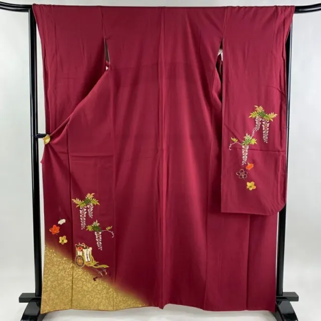Japanese Kimono Furisode Pure Silk An Ox Drawn Coach Wistaria Embroidery Red