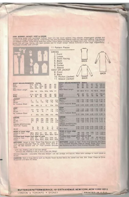 3350 UNCUT Vintage Butterick Sewing Pattern Miss Loose Fitting Jacket Dress Vest 2