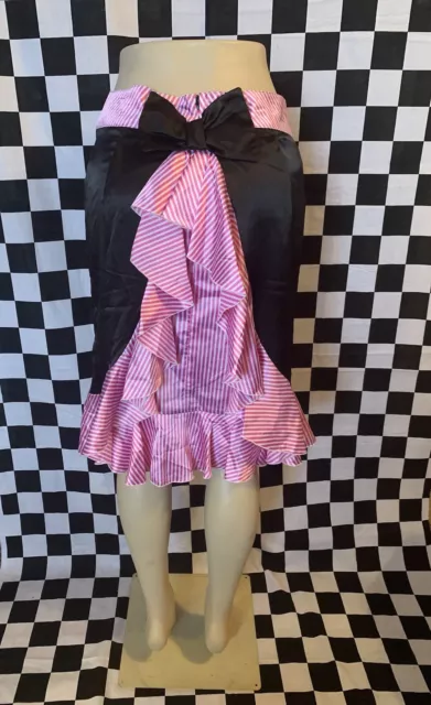 ROCK STEADY Logo PINK & WHITE STRIPED Ruffle Skirt BLACK BOW Satin PIN UP Sz M