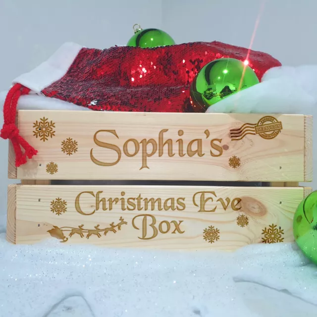 Personalised Christmas Eve Box Solid Wooden Engraved Box Printed Xmas Crate