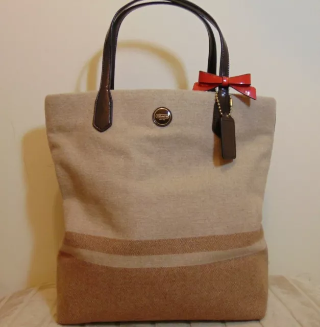 Coach F24665 Stripe North South Beige Wool Tote Bag
