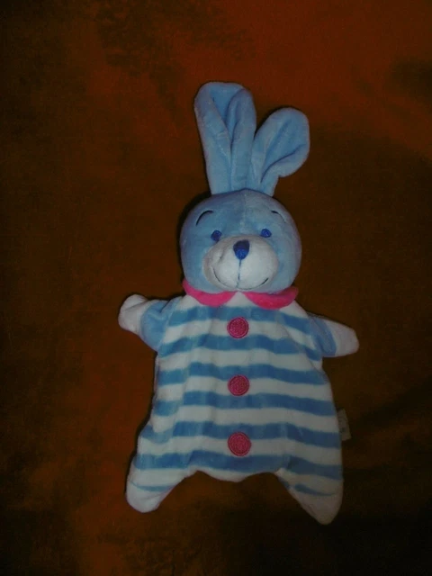 Doudou Plat Lapin Bleu et Blanc Rayé Col Bouton Rose Mon Roucous Neuf