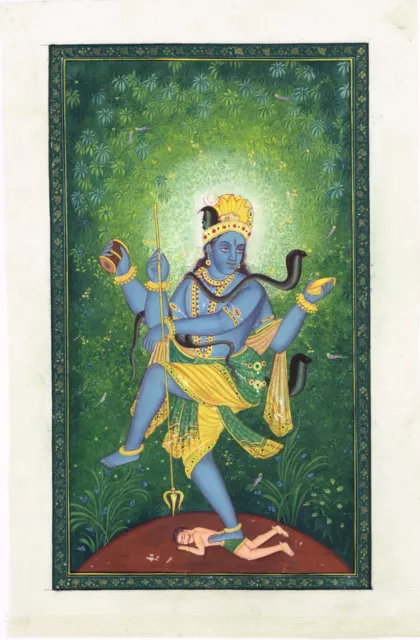 Hecho a Mano Indio Pintura Miniatura De Lord Shiva Shiv Ji Arte Sobre Seda Paño