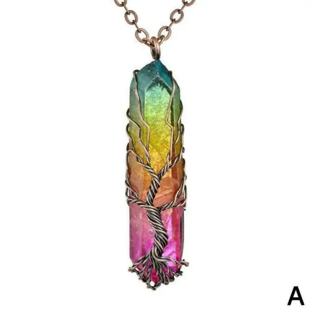 TREE OF LIFE-Rainbow Crystal Quartz Pendant Necklace Wire Wrap Healing