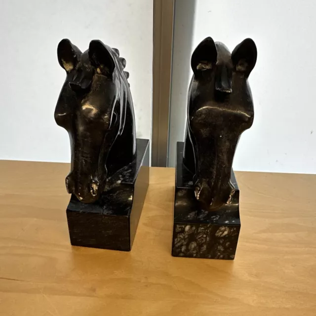 Vintage Italian HORSE HEAD BOOKENDS Black Marble Equestrian Hand Carved 6.75 lb. 3