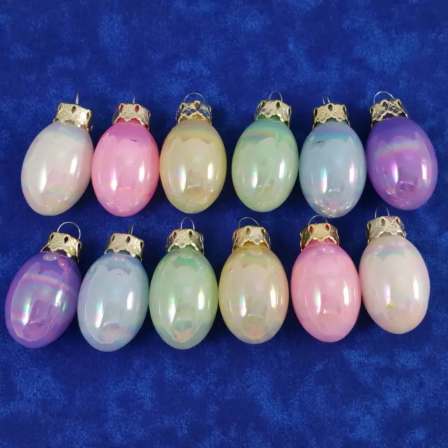 Vintage Mini Glass Easter Egg Ornaments Iridescent 1.25” Pastel Set of 12