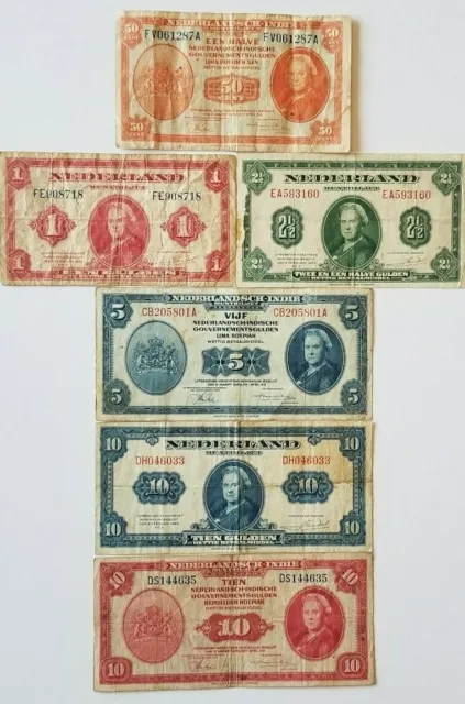 Netherlands Lot Of 6 Banknotes 0.5, 1, 2 1/2, 5  & 10 Gulden 1943 Rare Complete