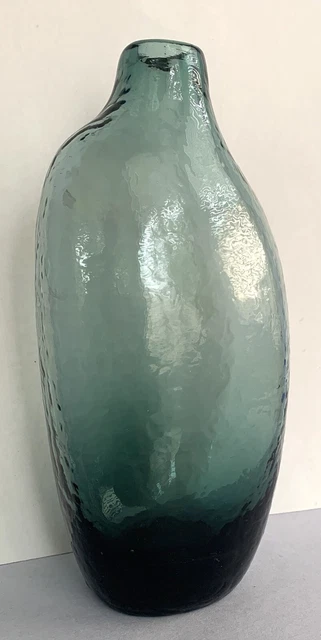 Assymetrical Blue Art Glass Bottle Vase: Mold Blown. Hammered Texture. Slumped a