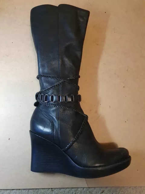 ***FAITH BLACK LEATHER Knee High Wedge Boots In Size 5*** £50.00 ...