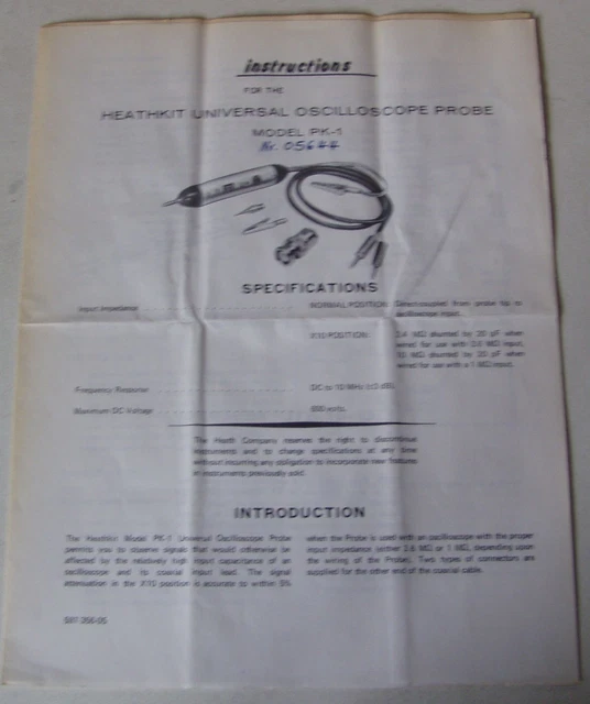BAUANLEITUNG SCHALTPLAN FÜR HEATHKIT Oscilloscope PROBE PK1 Tastkopf