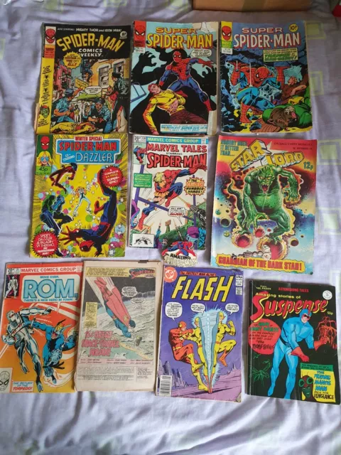 x10 Job Lot Vintage Comics 1970's & 80's + Badge, SpiderMan, Stories of Suspense