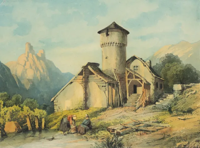 T. ECKENBRECHER (*1824) zug., Landwehr und Burg im Gebirge, Aquarell Romantik
